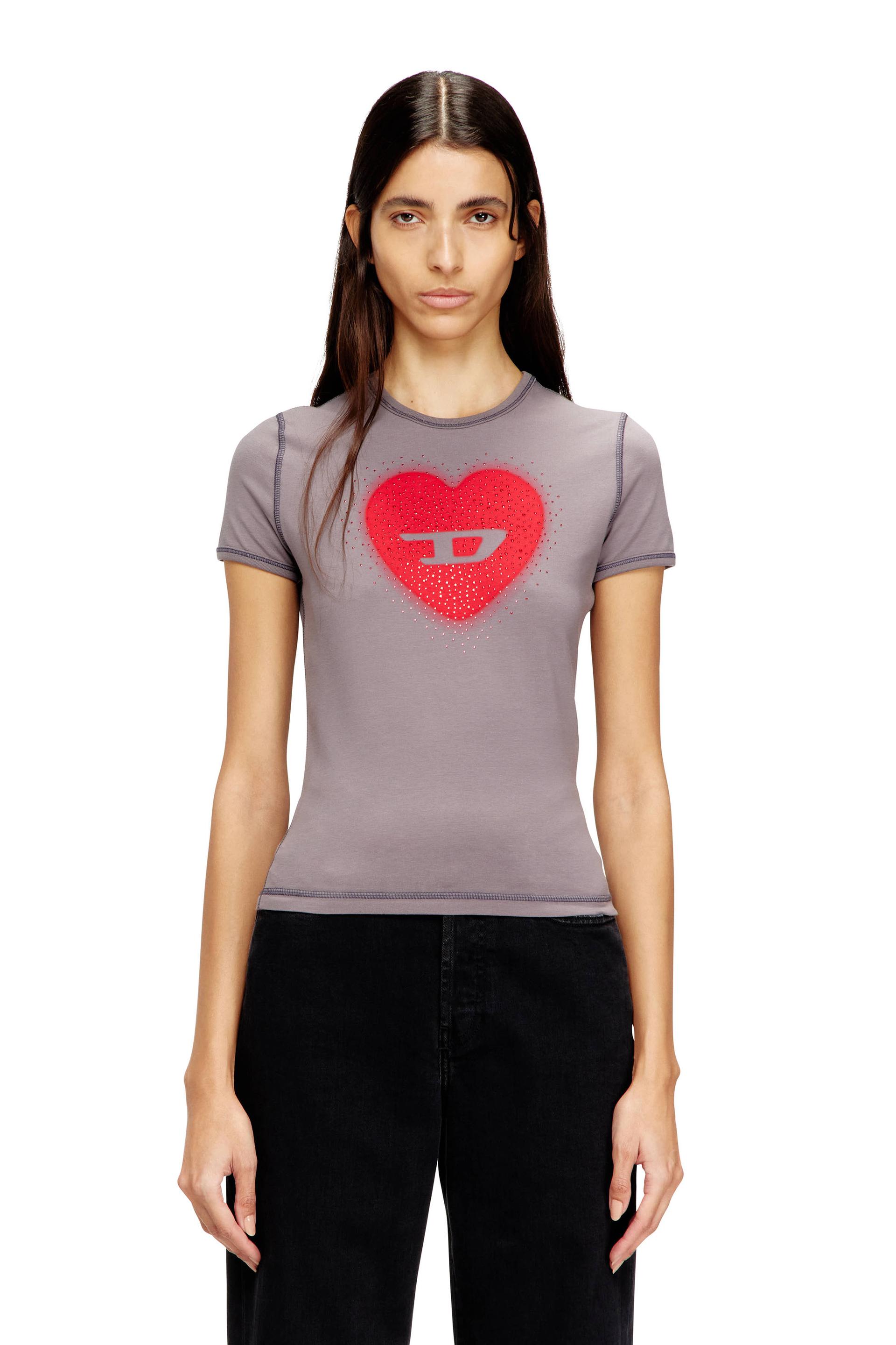 diesel - slim t-shirt with heart print and studs - t-shirts - woman - grey