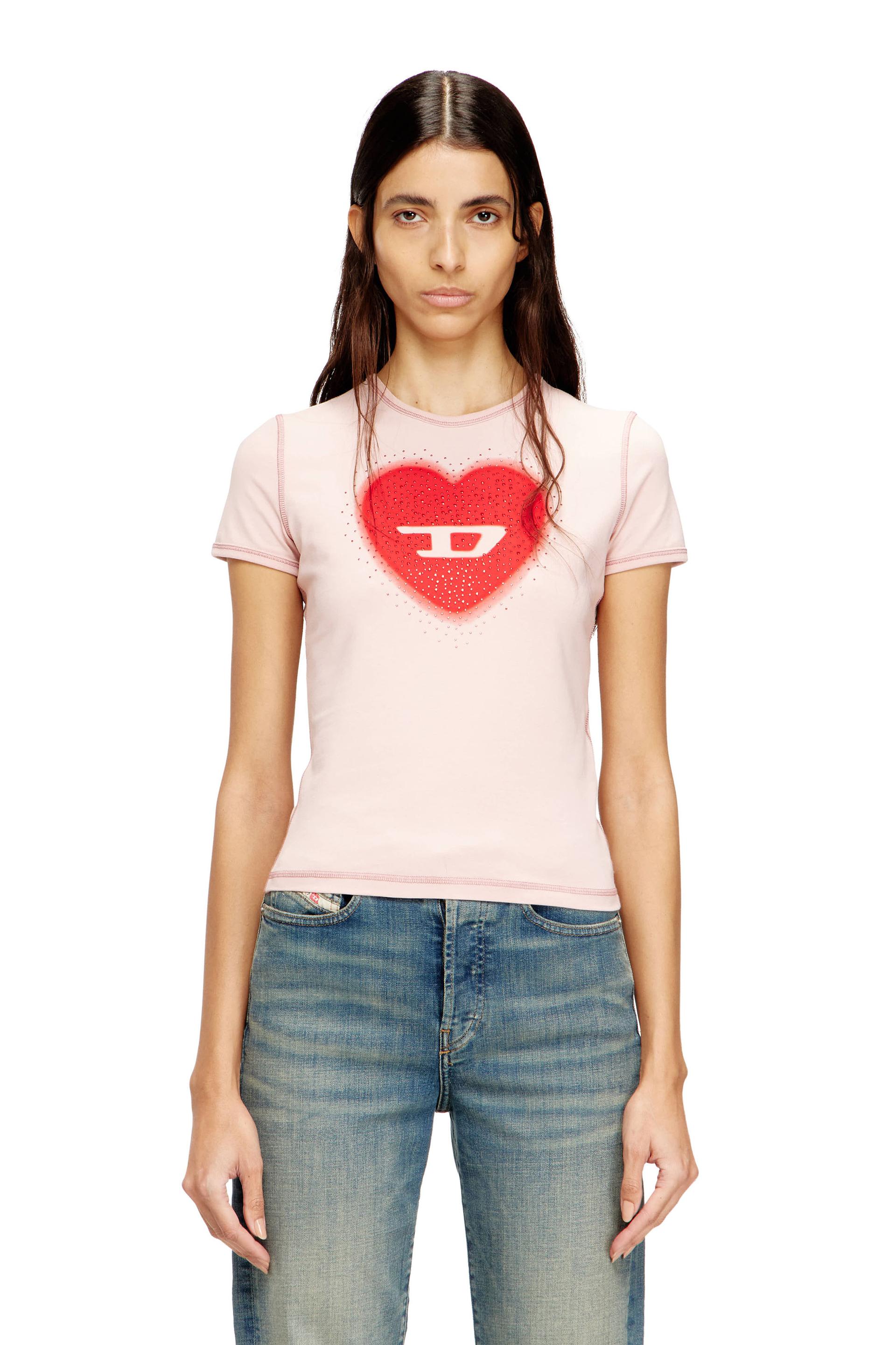 diesel - slim t-shirt with heart print and studs - t-shirts - woman - pink