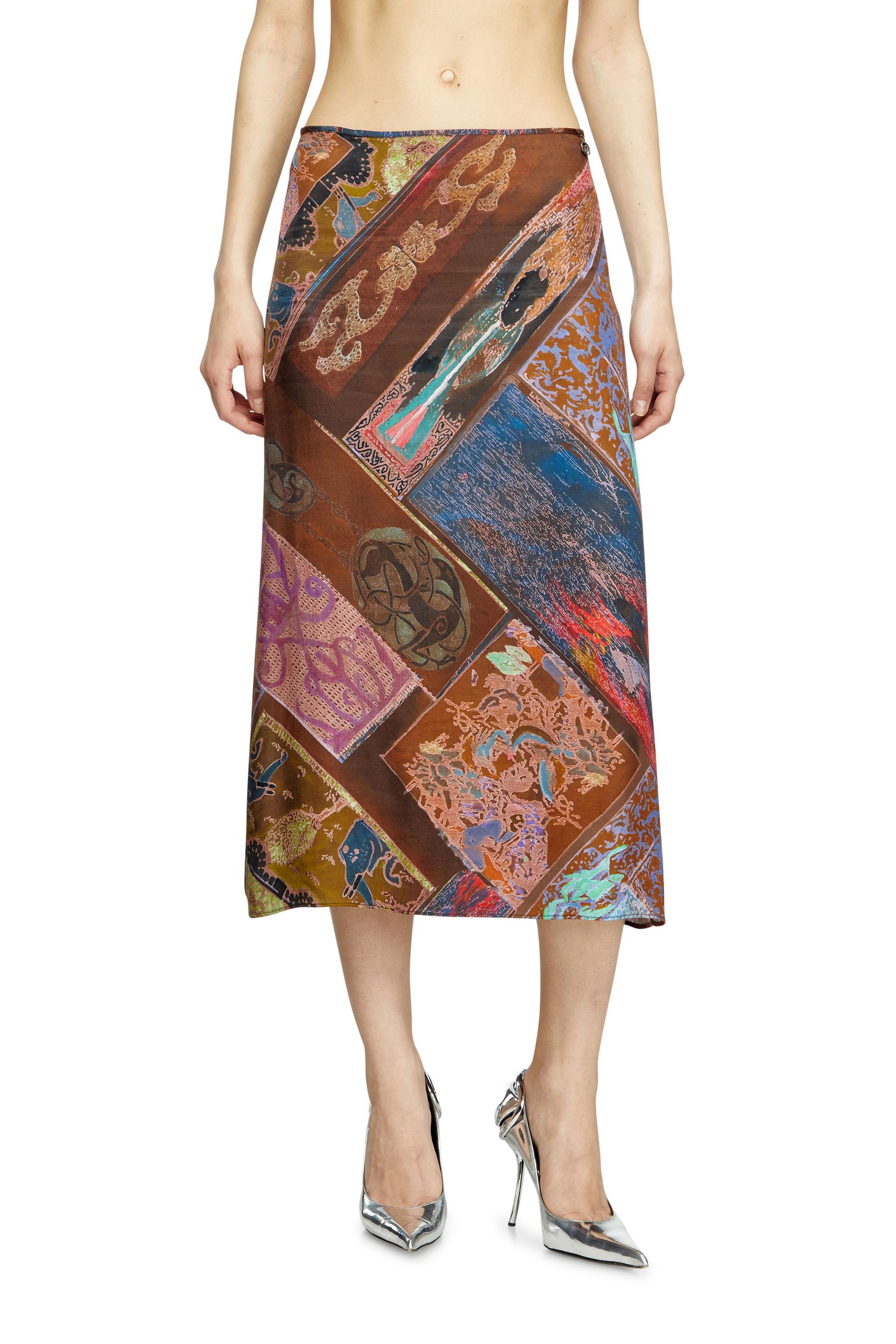 diesel - viscose midi skirt with heraldic print - skirts - woman - brown
