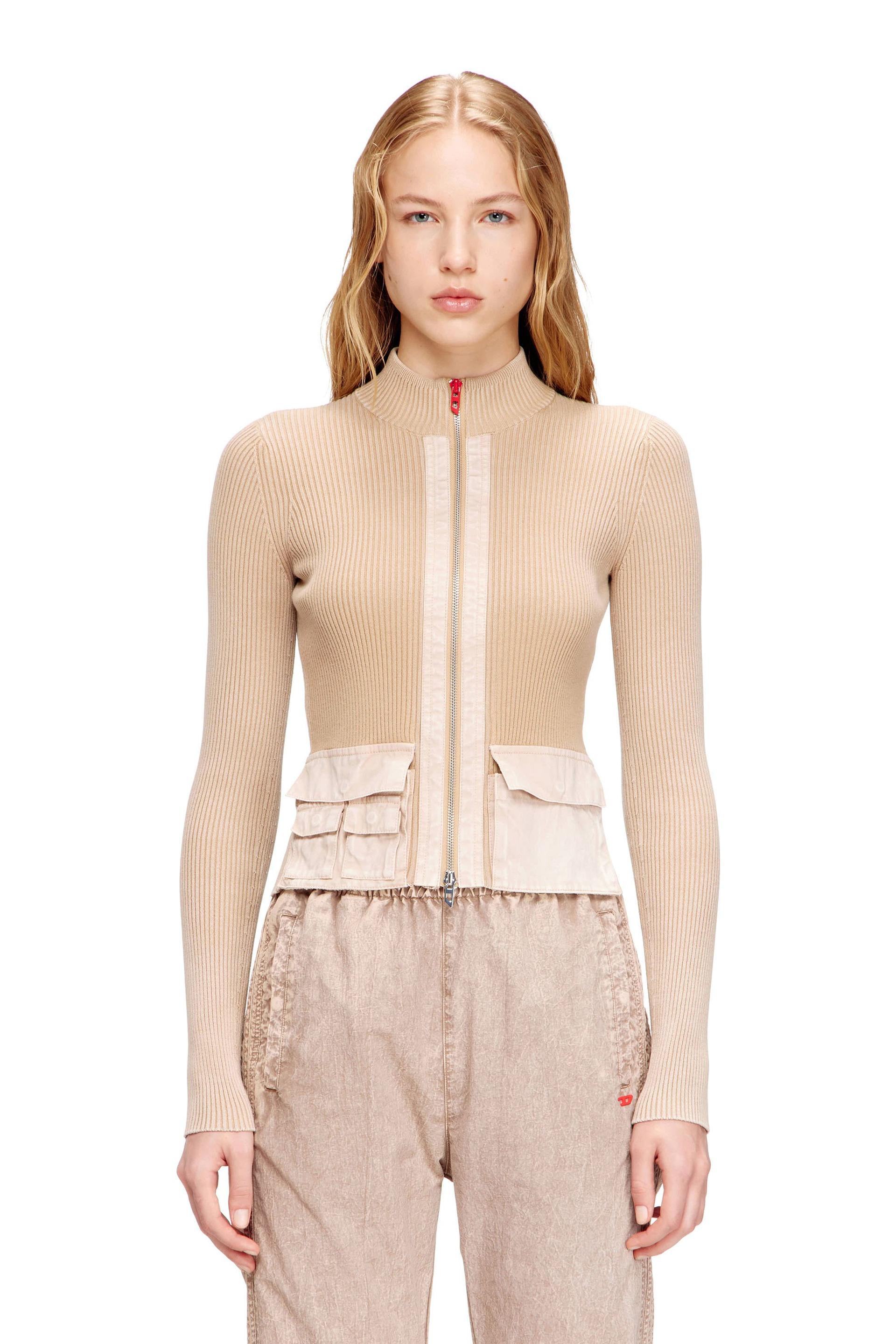 diesel - zip-up cardigan with denim cargo pockets - knitwear - woman - beige