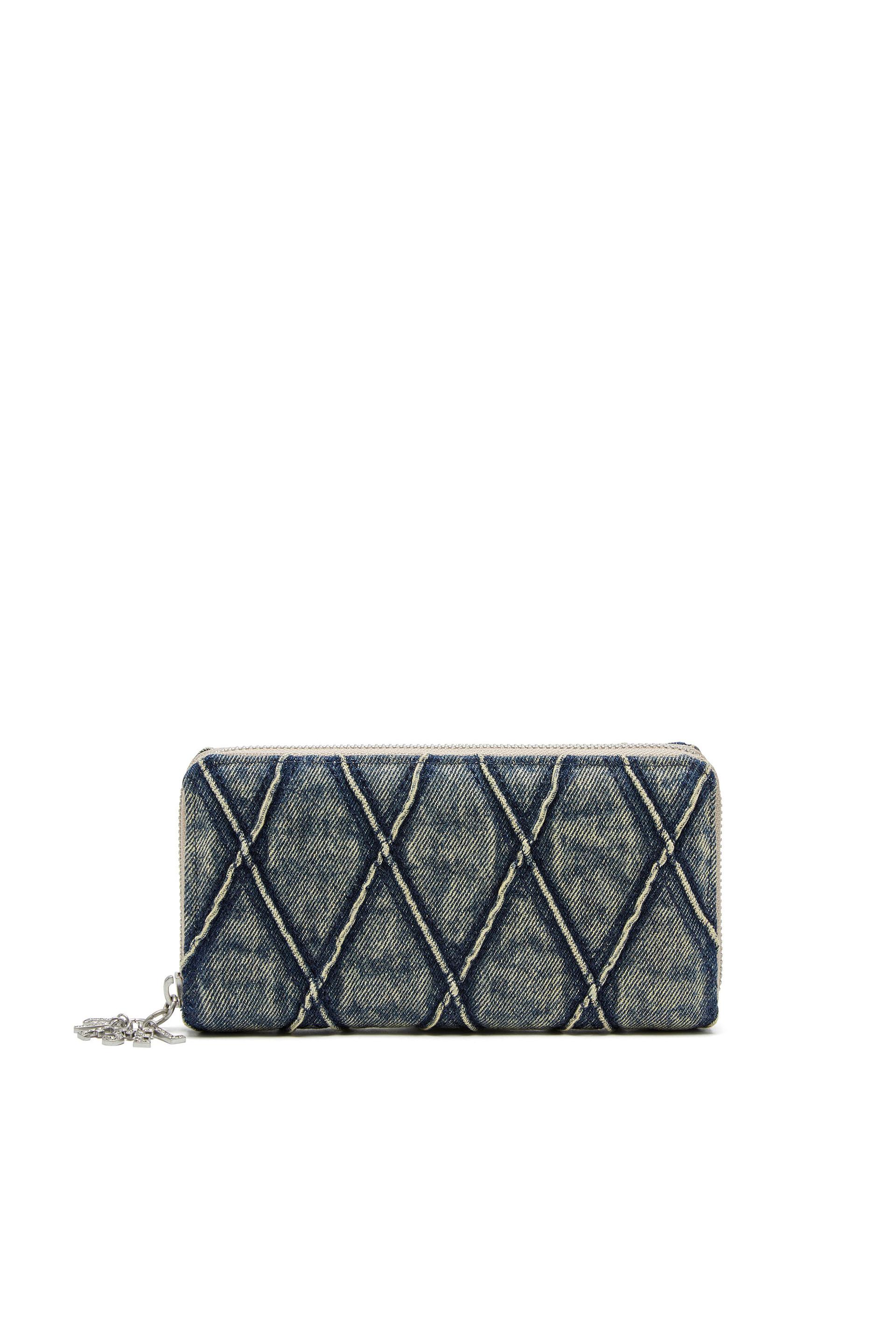 diesel - zip wallet in argyle quilted denim - zip-round wallets - woman - blue