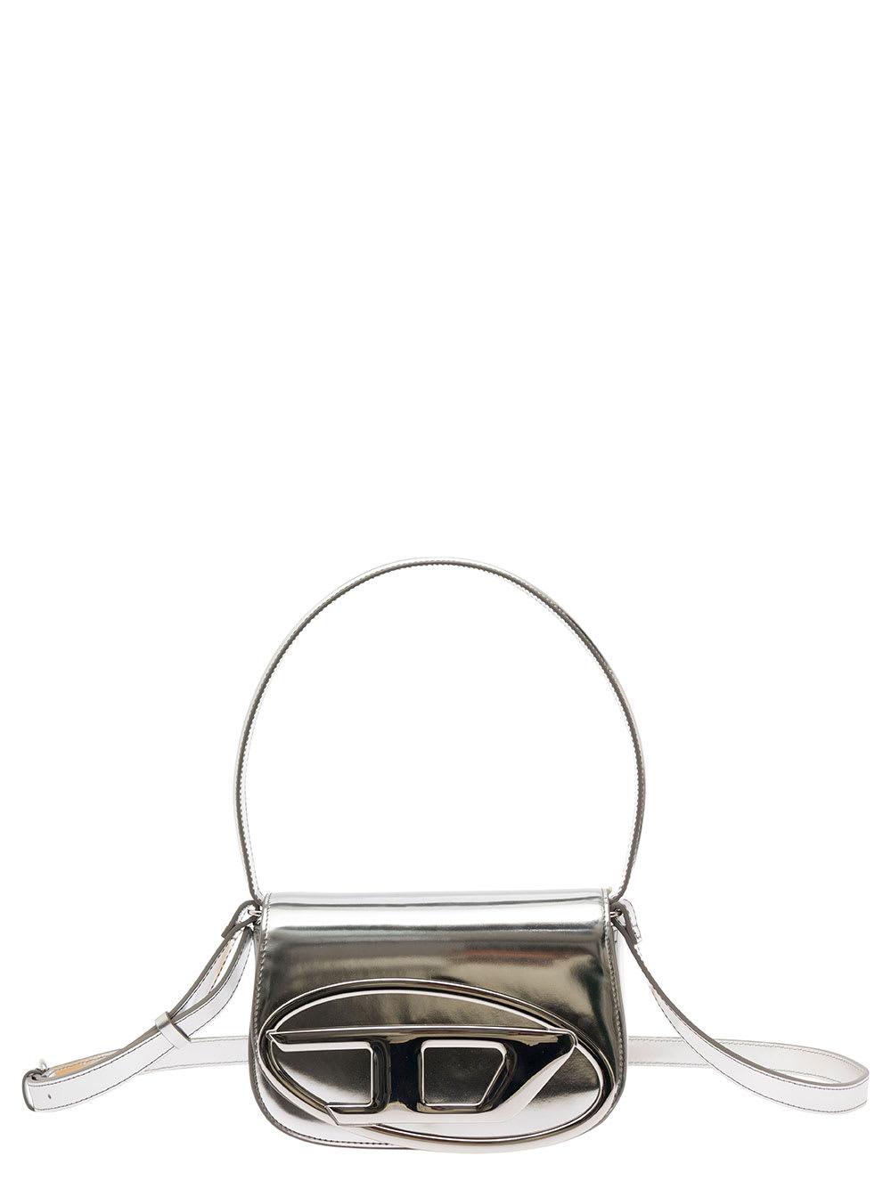 diesel 1dr silver shoulder bag with oval d patch in laminated leather for women