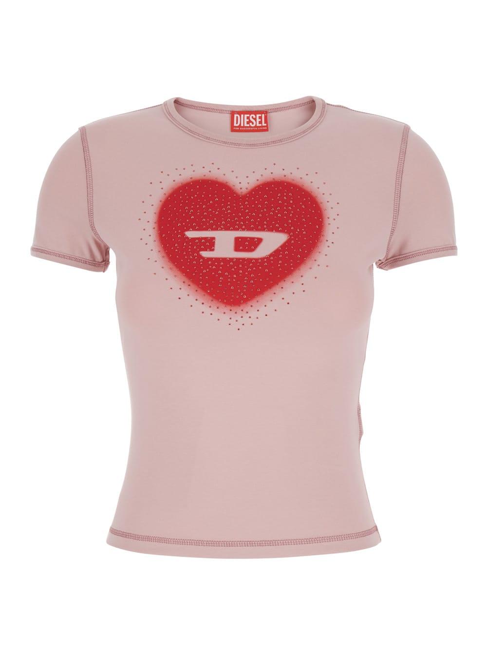 diesel pink crew neck t-shirt with front print and bead details in cotton woman