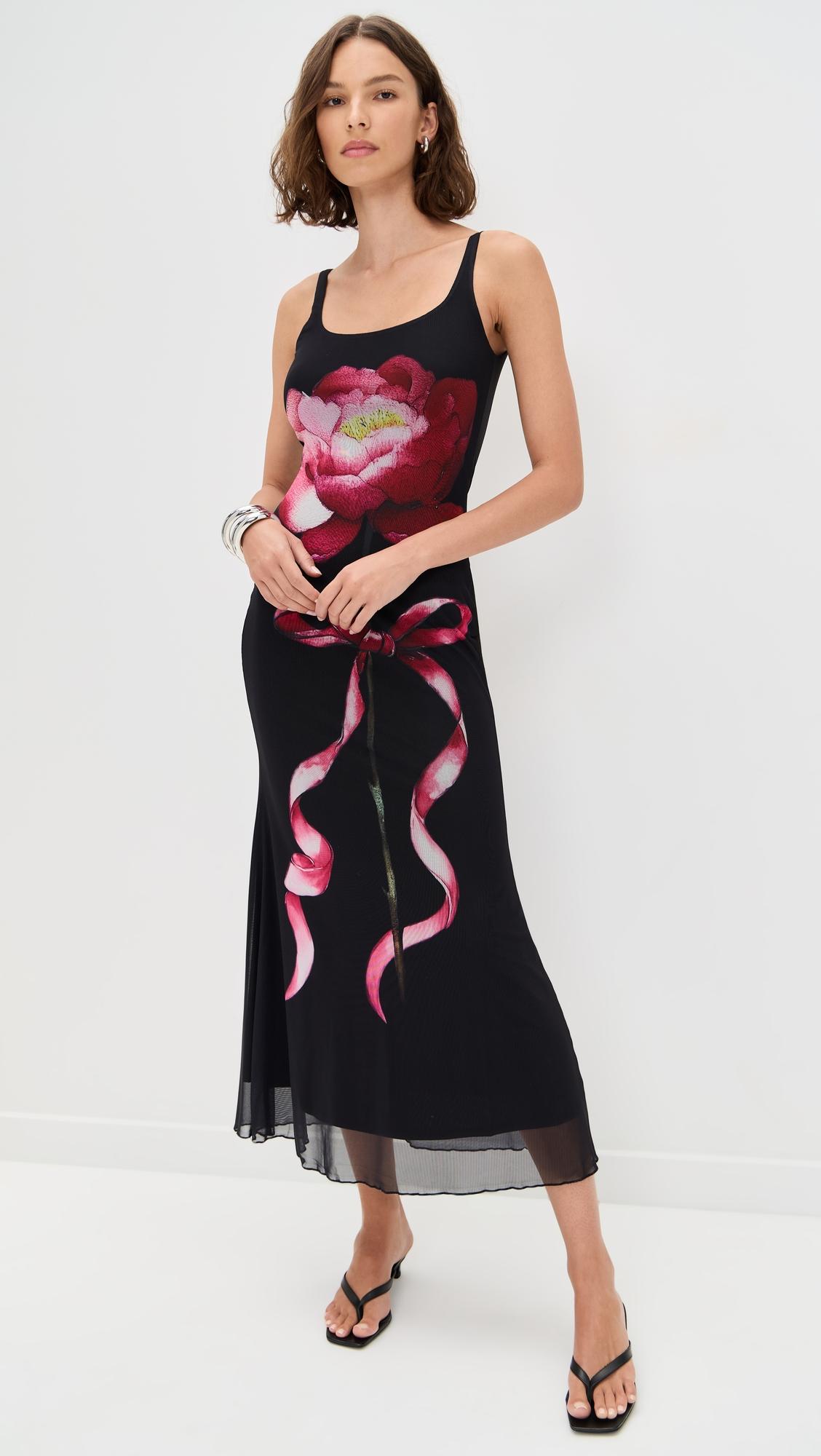 digital flower print mesh midi dress