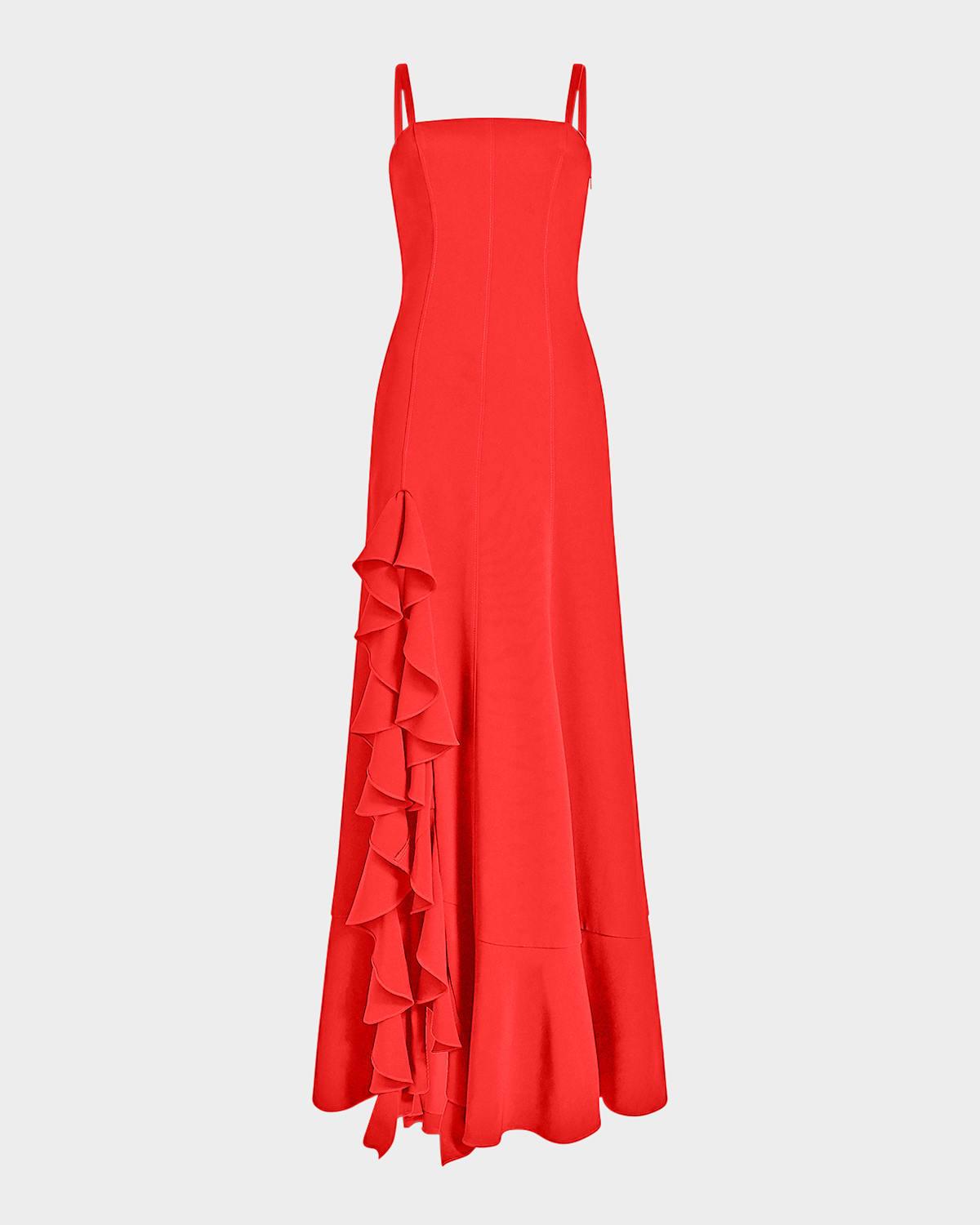 dilan cascading ruffle slit gown