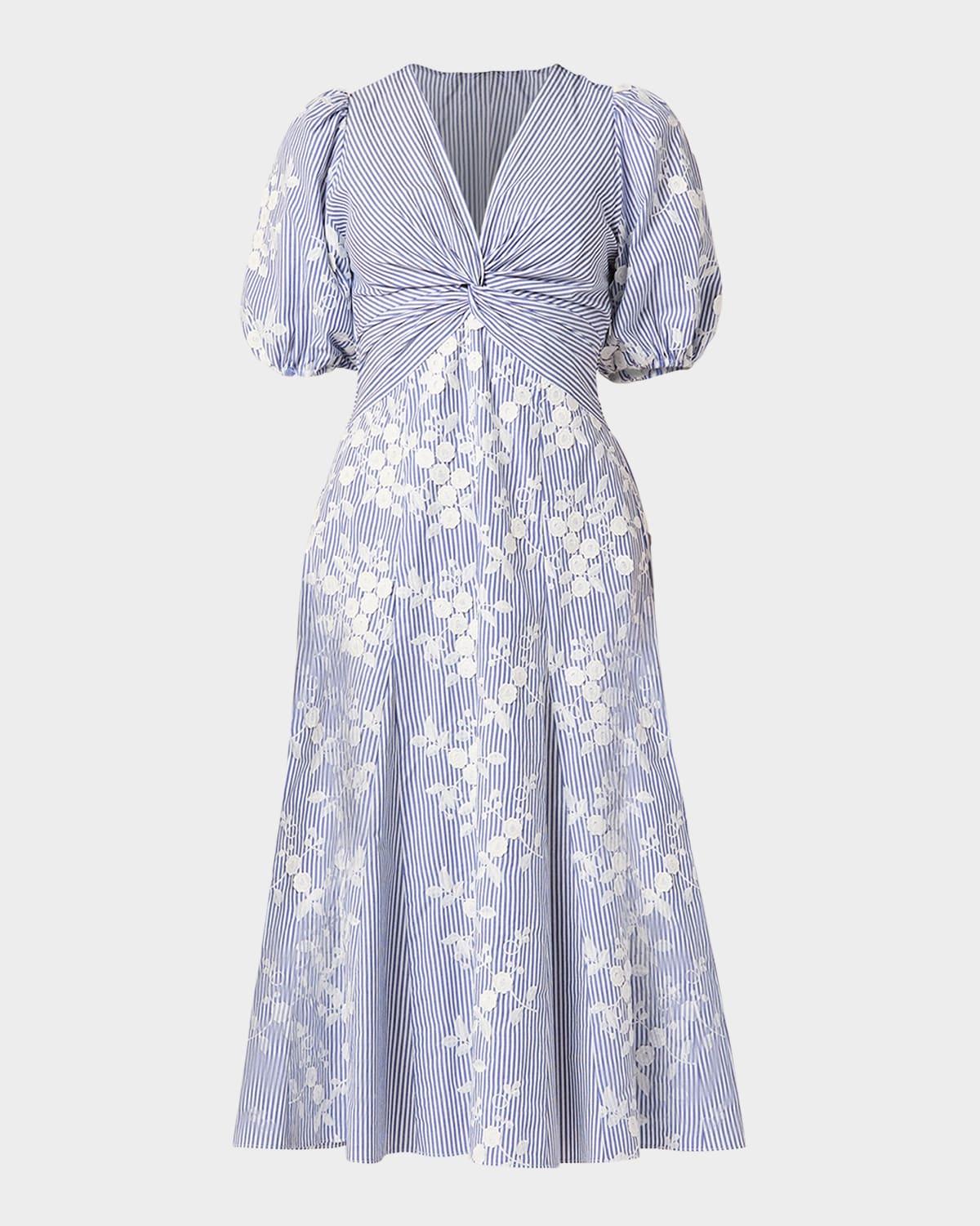 dion striped floral applique midi dress