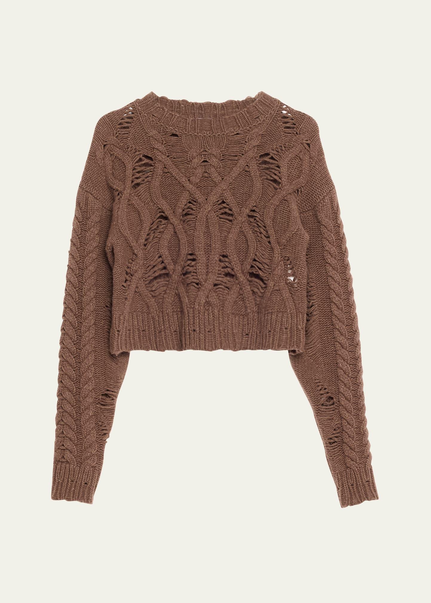 distress crop cable wool cashmere sweater