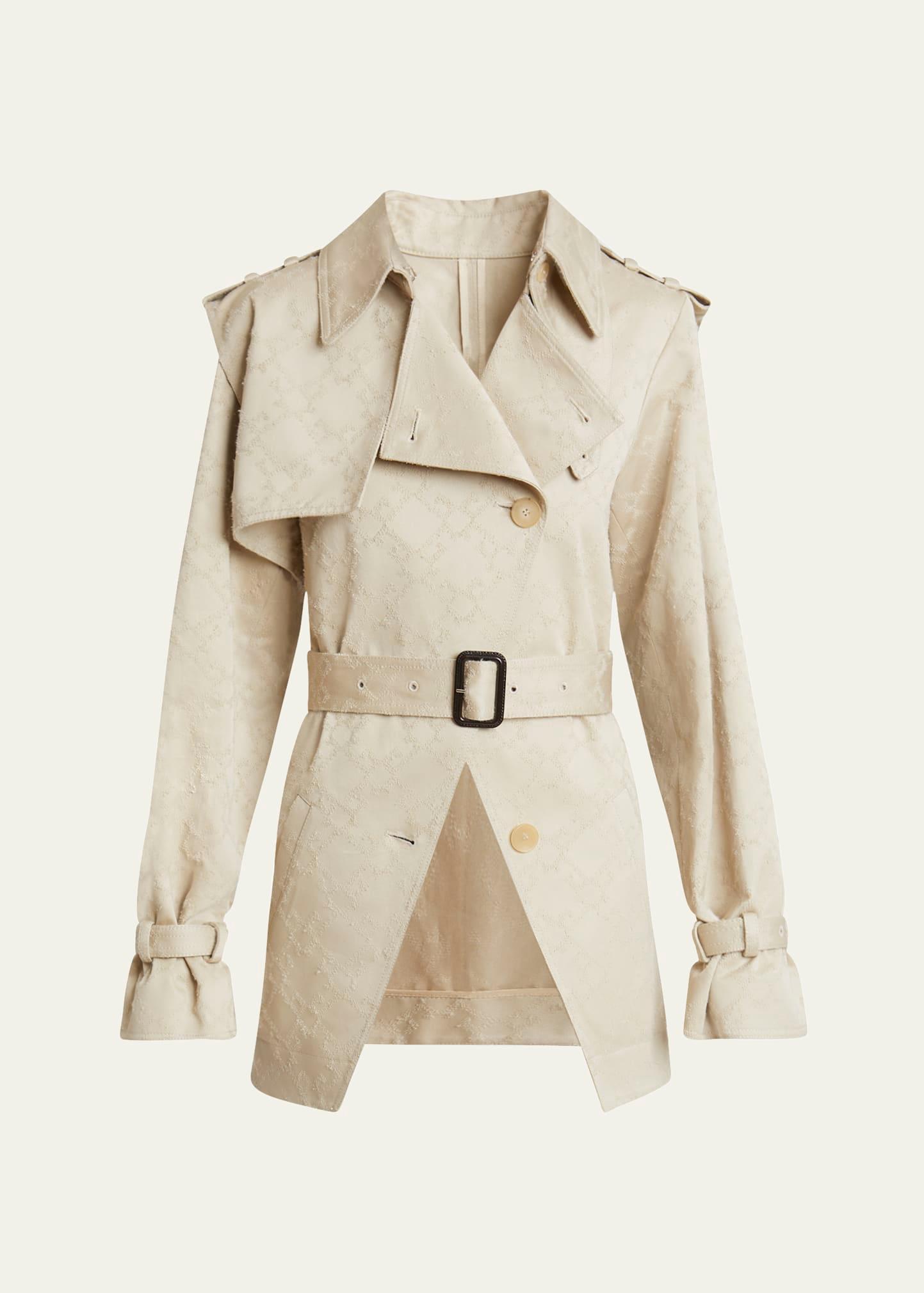 distressed monogram belted cutaway trench jacket