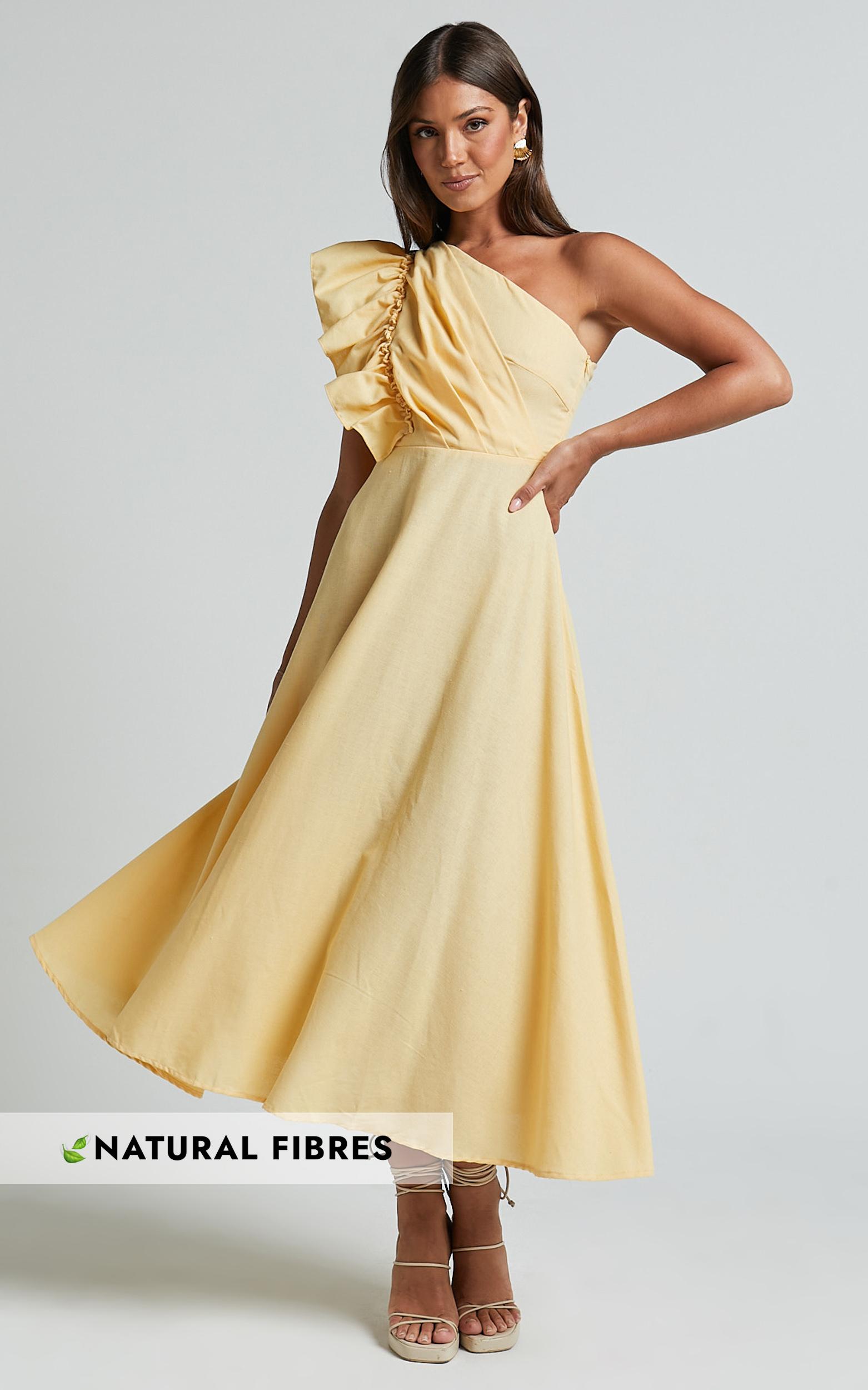 dixie midi dress - linen look one shoulder ruffle dress in lemon