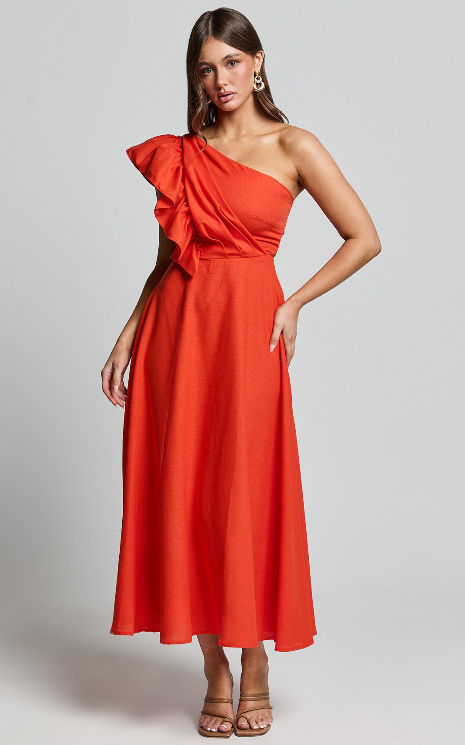 dixie midi dress - linen look one shoulder ruffle dress in red orange