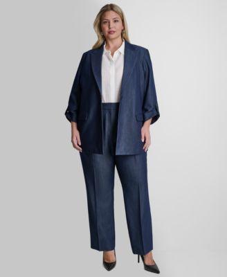 dkny dressy denim one button jacket with roll cuff pleated trouser