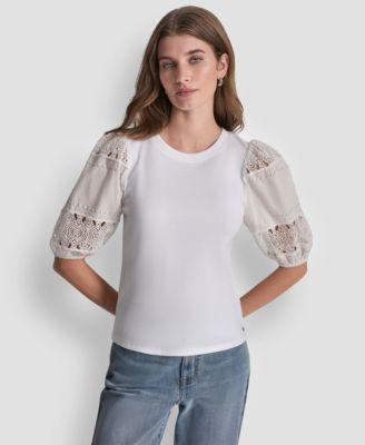dkny jeans womens crew neck lace eyelet pull on top