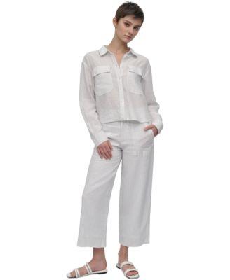 dkny jeans womens linen blend cropped long sleeve shirt cropped wide legpants