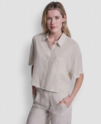 dkny jeans womens oversized linen blend cropped short sleeve shirt
