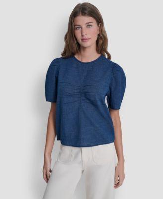 dkny jeans womens puff short sleeve crew neck ruched shirt