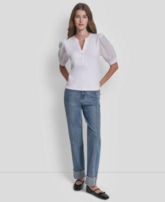 dkny jeans womens puff sleeve henley top