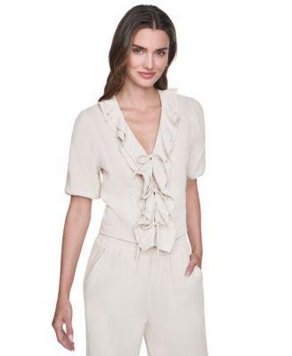dkny jeans womens v neck short puff sleeve tie front shirt