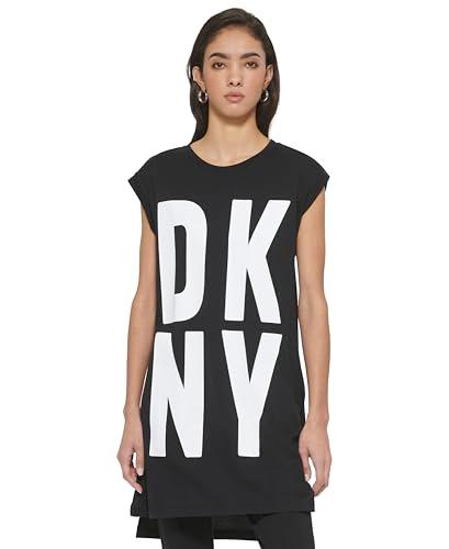dkny sportswear women's cap sleeve logo t-shirt dress, black/white, xl