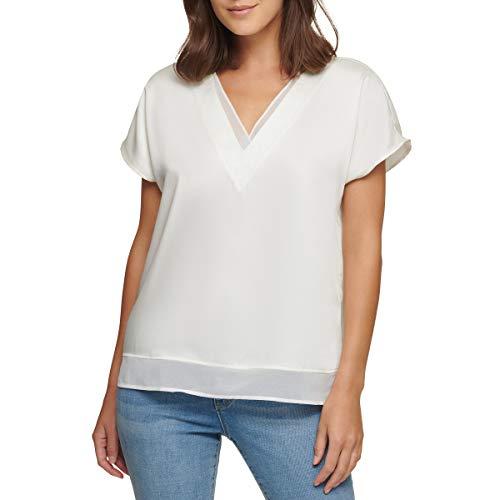 dkny sportswear womens v-neck woven short sleeve top, ivy - ivory, small us