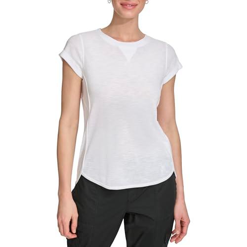 dkny women's 3/4 sleeve mini slub waffle t-shirt, white, x-large