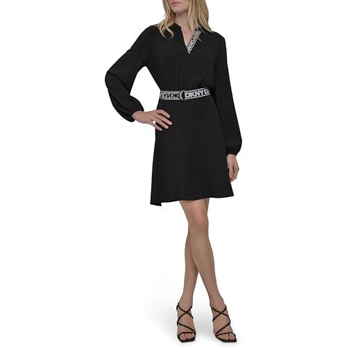 dkny women's balloon sleeve belted fit & flare mini dress, black/white, 10