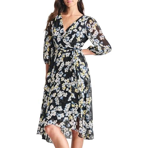 dkny women's balloon sleeve tie fit & flare midi dress, navy/lemon