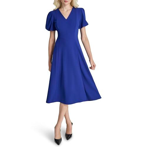 dkny women's bubble sleeve v-neck fit & flare mini dress, marine