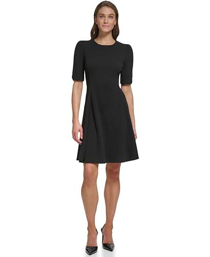 dkny women's button short sleeve fit and flare dress, black, 8