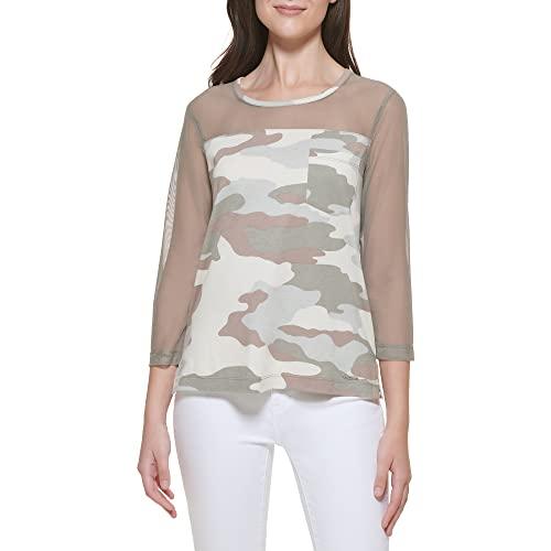 dkny women's camo chest pocket sheer sportswear top, thyme/parchment thyme multi