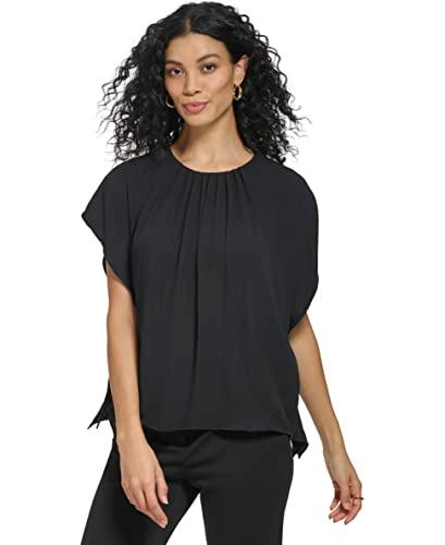 dkny women's cap sleeve business casual blouse, black, xs
