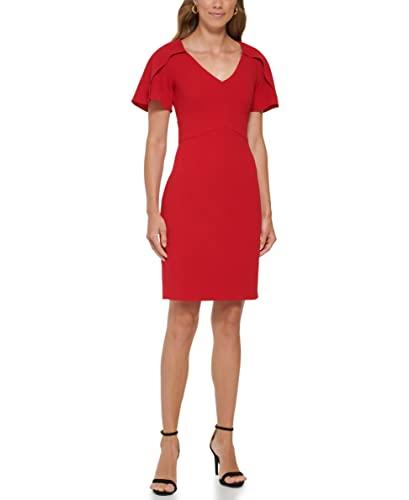 dkny women's cape sleeve v-neck midi dress, scarlet, 10