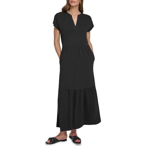 dkny women's casual notch neck cap sleeve dress, black, small