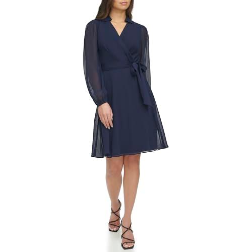 dkny women's chiffon long balloon sleeve collared faux wrap dress, navy, 10