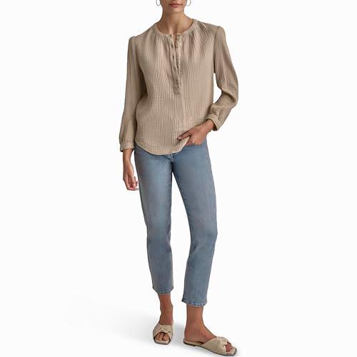 dkny women's comfy crew neck button casual, pebble