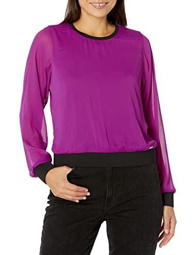 dkny women's contrast easy sheer sleeve sportswear top, byzantine, x-large