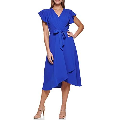 dkny women's flutter sleeve faux wrap dress, floral iris, 4