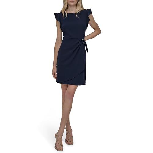 dkny women's flutter sleeve faux wrap dress with hardware, spring navy, 2