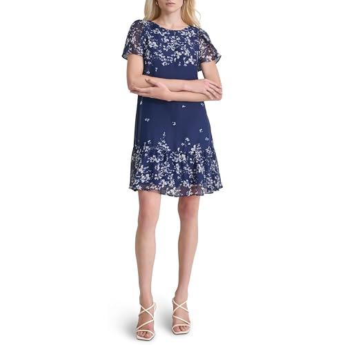 dkny women's flutter sleeve ruffle hem shift mini dress, blueprint