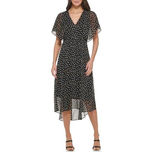 dkny women's flutter sleeve smocked waist midi dress, black multi, 0