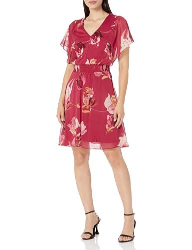 dkny women's flutter sleeve smocked waist mini dress, paprika multi, 16