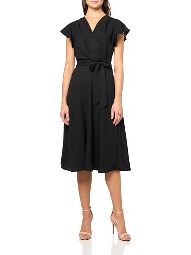 dkny women's flutter sleeve tie fit & flare midi dress, black