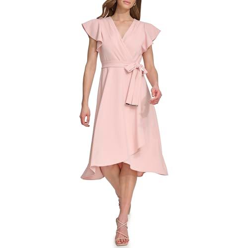 dkny women's flutter sleeve tie fit & flare midi dress, powder, 12