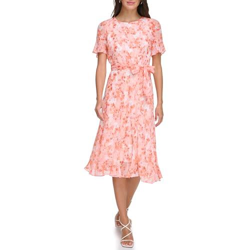 dkny women's flutter sleeve v-neck dress, orange combo, 14