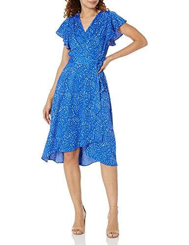 dkny women's flutter sleeve v-neck faux wrap, tanznite multi, 6