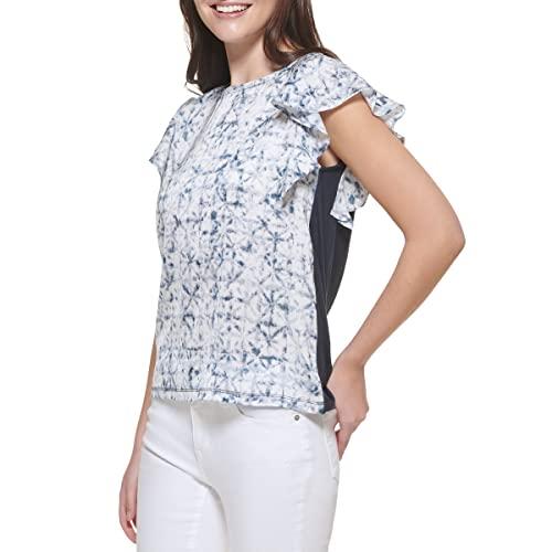 dkny women's flutter sleeve woven front knit back top, iv nn m/nn, small