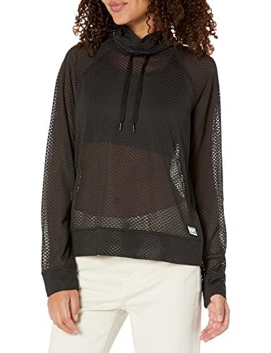 dkny women's funnel neck honeycomb mesh top, black, large