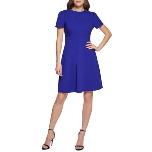 dkny women's jewel neck button shoulder fit and flare dress, berry blue, 4
