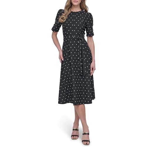 dkny women's jewel neck scuba crepe dress, black/ivory