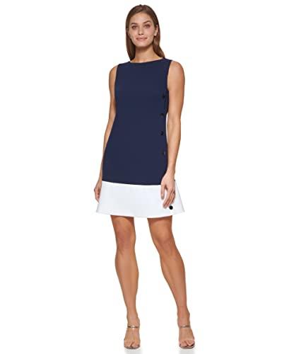 dkny women's jewel neck sleeveless shift dress, navy/ivory, 12