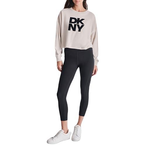 dkny women's logo long sleeve cropped drop shoulder t-shirt, oat, large